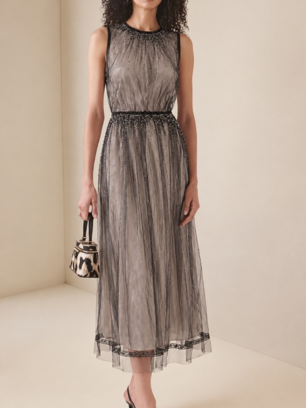PRADA Embroidered tulle sleeveless midi dress